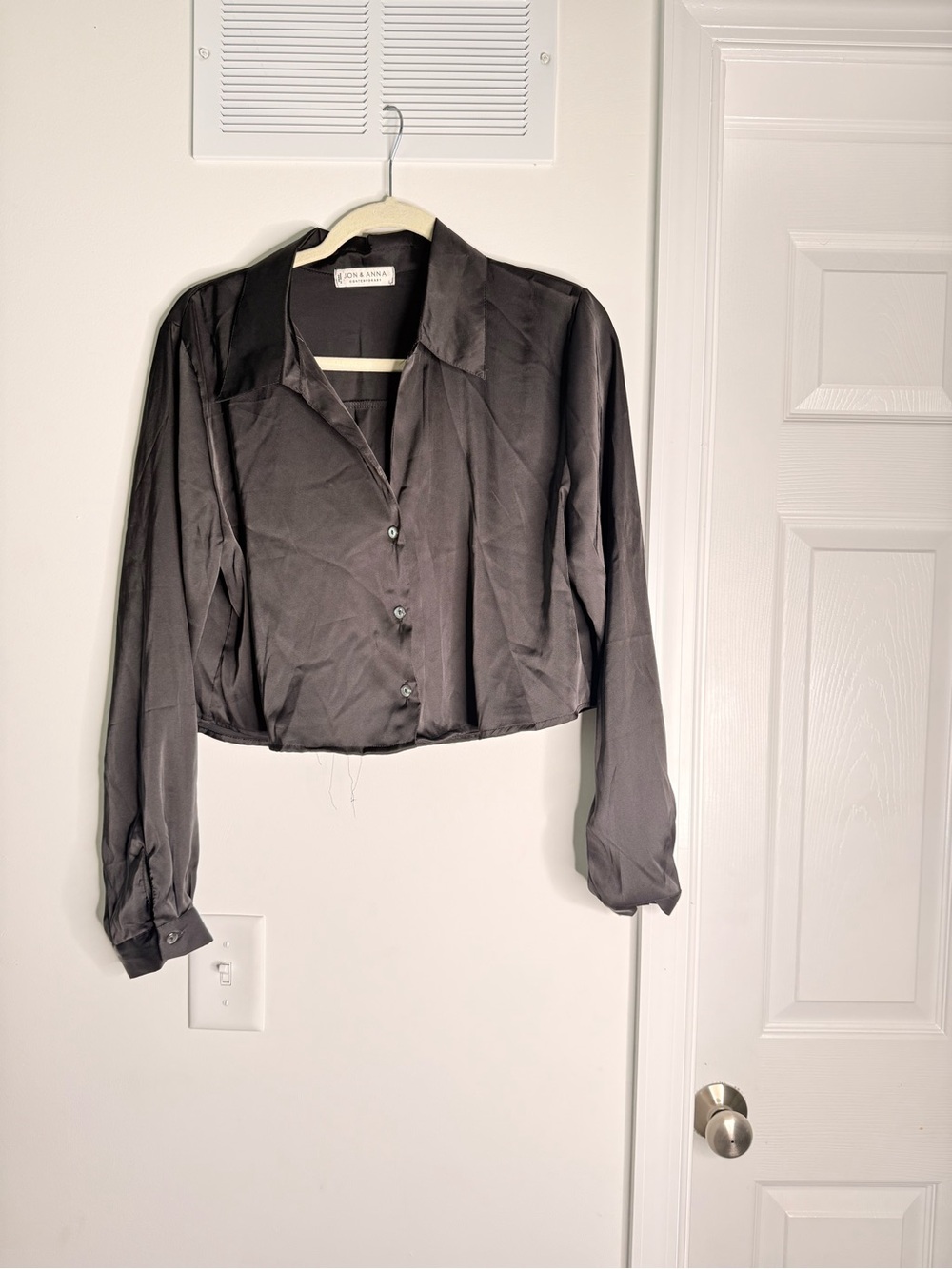 Zara Black Satin Cropped Button-Down Shirt